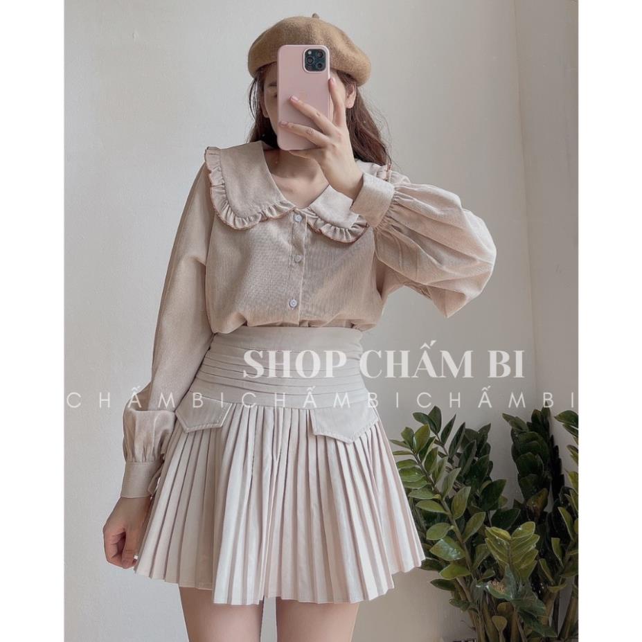 Áo sơ mi nữ thu động A.086, Áo sơ mi cổ sen viền đỏ thắt nơ tay bồng dáng dài cực xinh