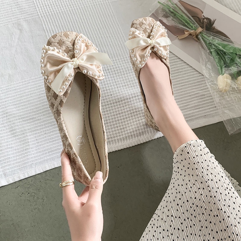 Giày Búp Bê Mũi Vuông Đính Nơ Và Ngọc Trai Phong Cách Hàn Quốc Cho Nữ