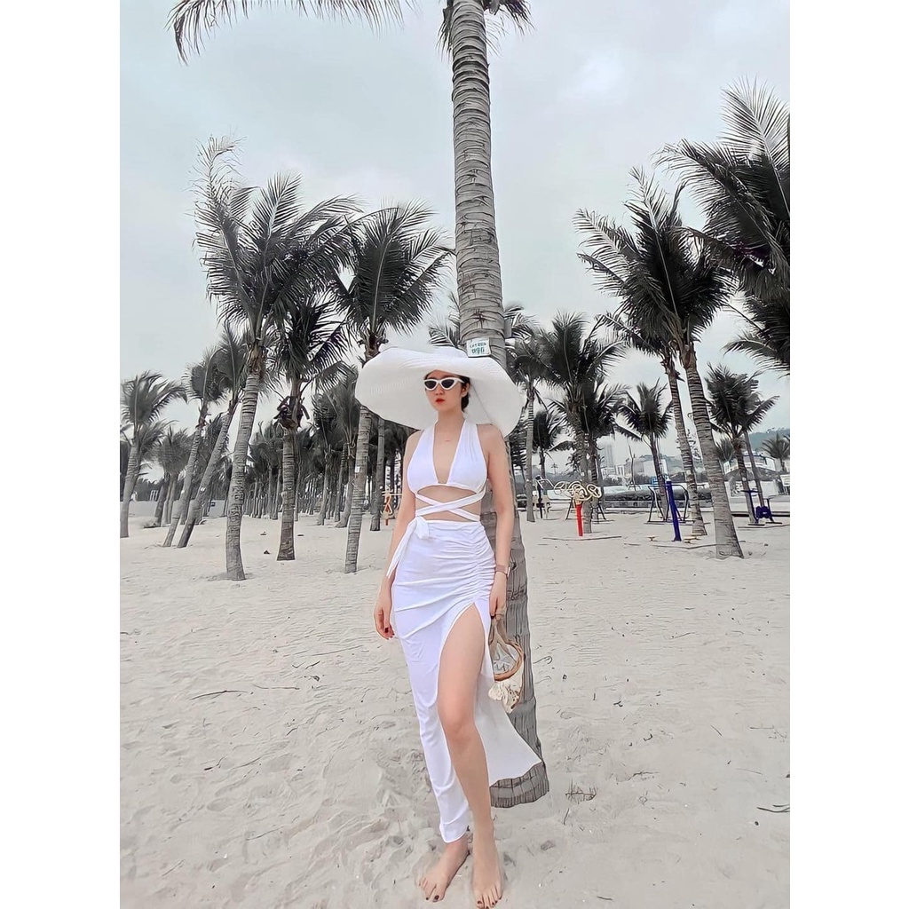 SET 3 MÓN BIKINI, ĐỒ BƠI ĐI BIỂN ÁO 2 VẠT DÂY DÀI QUẦN CHIP KÈM QUÂY RÚT DÂY SEXY HOT BM-114