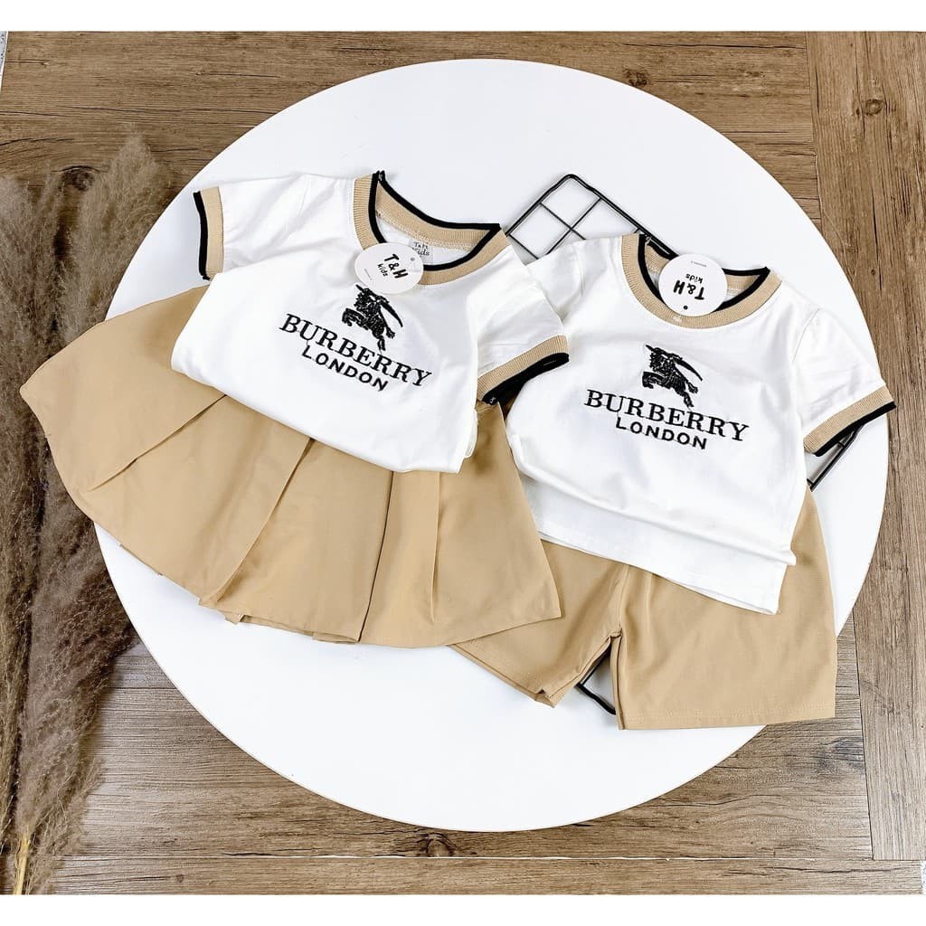 bộ quần áo cộc tay bé trai bé gái (6 - 32kg), set cặp anh em thêu chữ burberry chất cotton đẹp mềm mịn thoáng mát