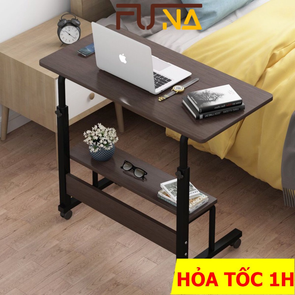 Bàn làm việc học tập đa năng có thể nâng hạ độ cao và có bánh xe di chuyển khi cần thiết, khung sắt sơn tĩnh điện