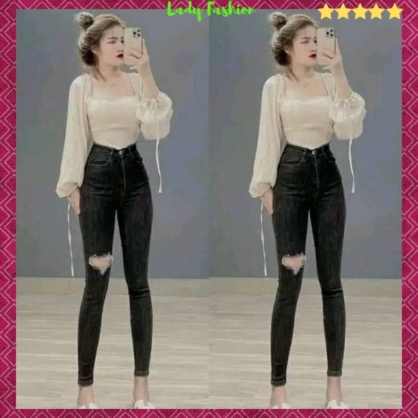 Quần Jean Nữ lưng cao màu xám rách phong cách trẻ trung, Quần bò nữ co giãn mẫu mới thời trang Lady Fashion - MQ5064A