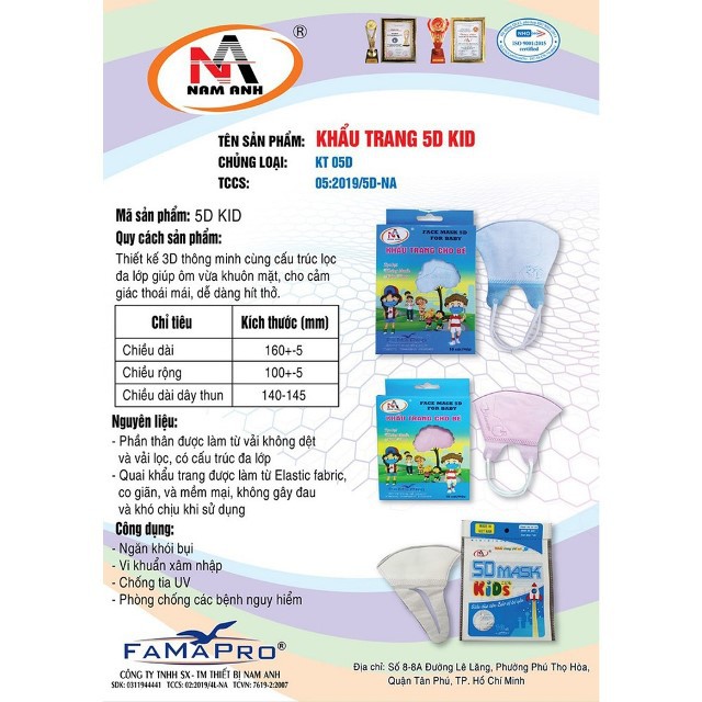 (Made in Vietnam) Hộp 10 khẩu trang trẻ em 5D kháng khuẩn cao cấp Famapro (Cty Nam Anh) (Cho Bé từ 4 tháng đến 4 tuổi)