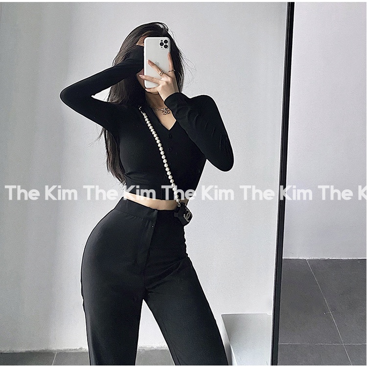 Áo thun tăm kiểu sơ mi dài tay cổ đức cài cúc dáng croptop , sơmi cổ V dáng ngắn ôm body The Kim AD131