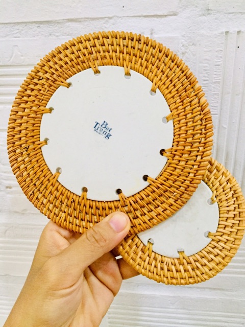 Lót mây lót ly, lót cốc, lót ấm trà kết hợp sứ bát tràng