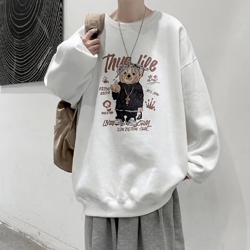 Áo sweater tay dài cổ tròn dáng rộng in họa tiết gấu hoạt hình phong cách Nhật Bản thời trang thu đông cho nam và nữ size M-5XL