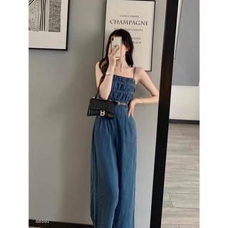 Jumpsuit jeans hai dây quần ống rộng