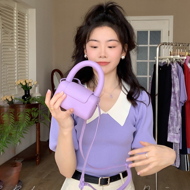 Áo Dệt Kim Tay Phồng Ngắn Phong Cách Retro Thời Trang Cho Nữ