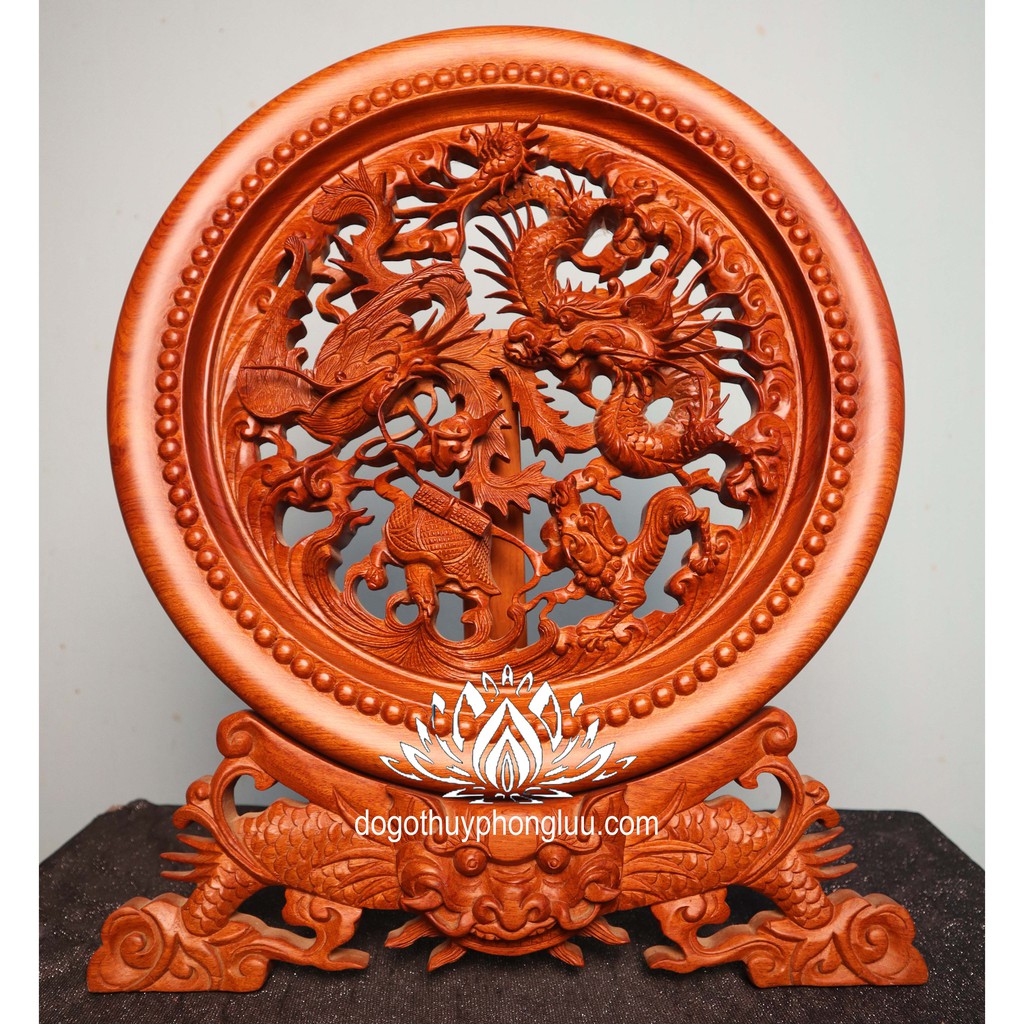 Tranh đĩa tứ linh gỗ hương nguyên khối đục kênh bong cỡ đĩa 40cm