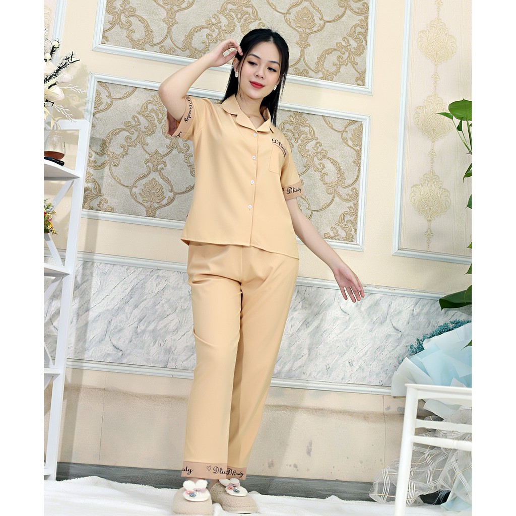 Đồ bộ Pijama nữ mặc nhà P3 VÀNG DA tay ngắn, quần dài Lụa 108 in chữ chữ cực xinh
