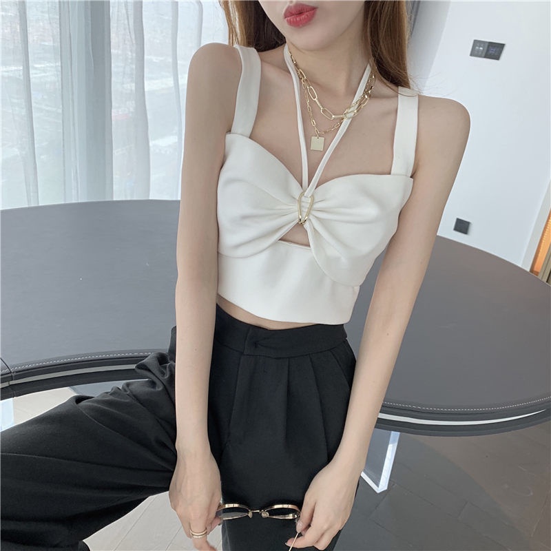 Jiashucheng Áo Sát Nách Ngắn Cổ Yếm Khoét Rỗng Cảm Giác Thiết Kế Ngọt Ngào Thời Trang Mùa Hè