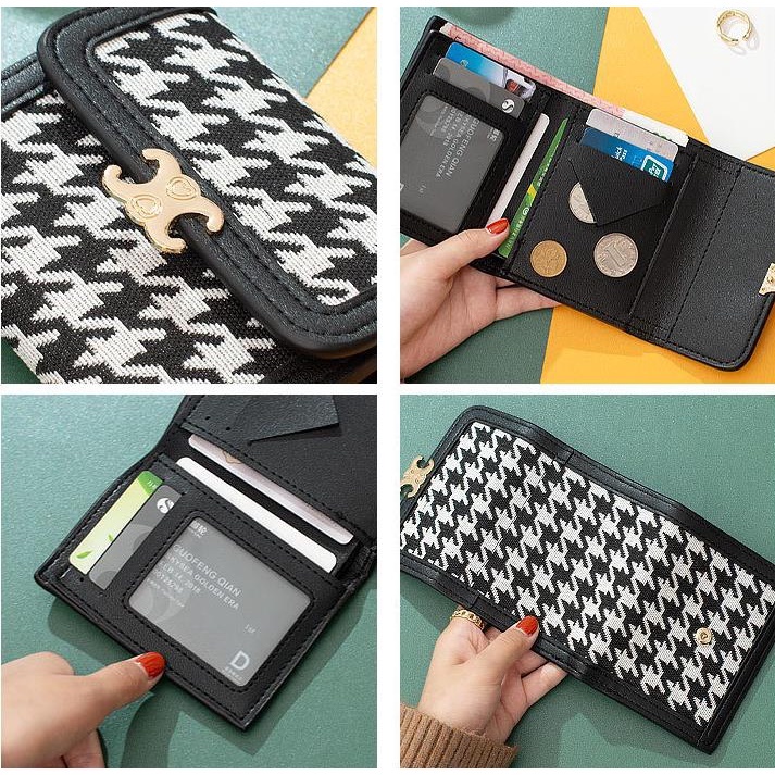 KAITIFEI Ví cầm tay mini ngắn nhiều ngăn gập nhỏ gọn đẹp thời trang cao cấp da Houndstooth cho nữ