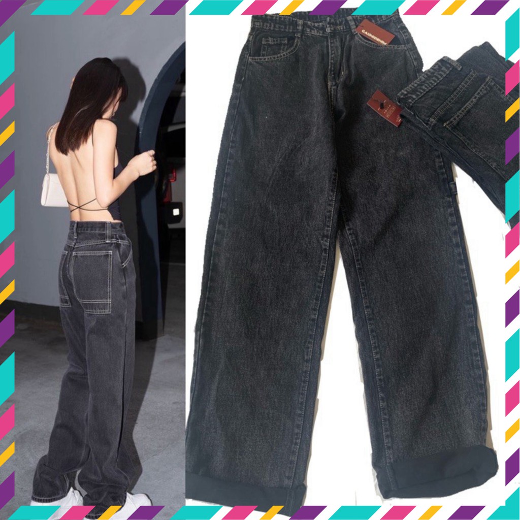 Quần Jeans Nữ Ống Rộng - Màu xám đen - Mẫu Thụng - Hách Dáng