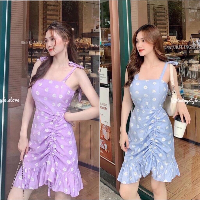 Đầm hoa cúc hai dây cột nơ rút đuôi cá (Ảnh thật)