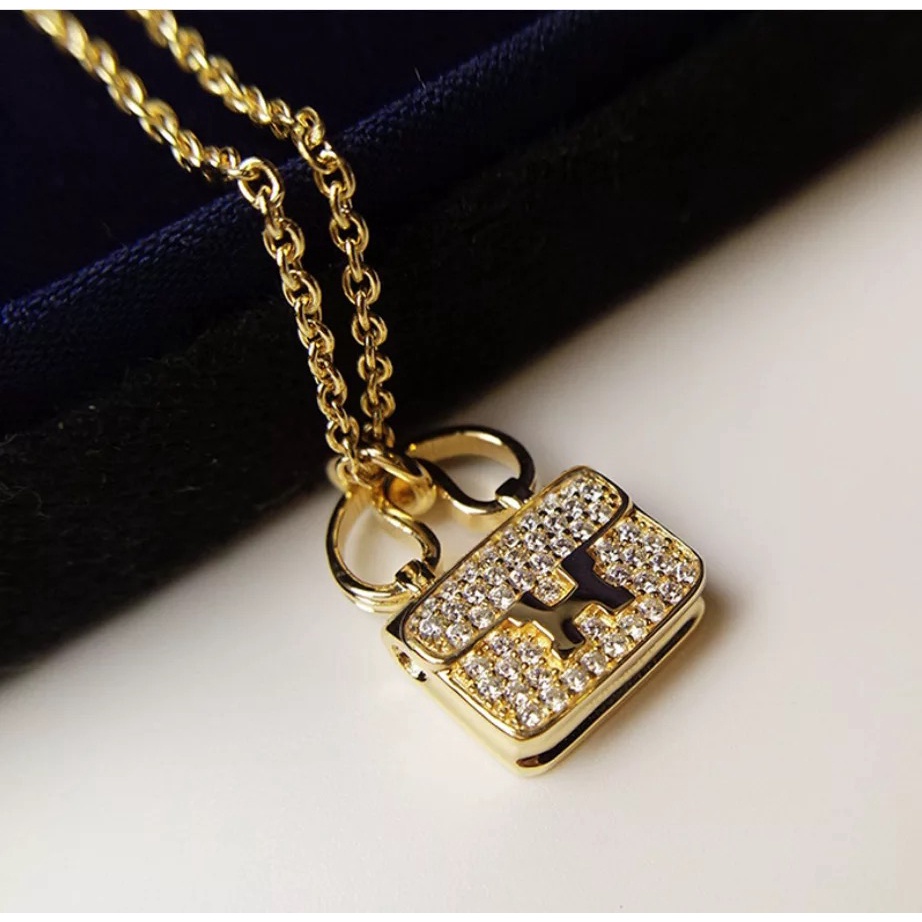 Dây Chuyền Thép Titan Mạ Vàng Hồng 18k Đính Kim Cương Toàn Diện Cho Nữ