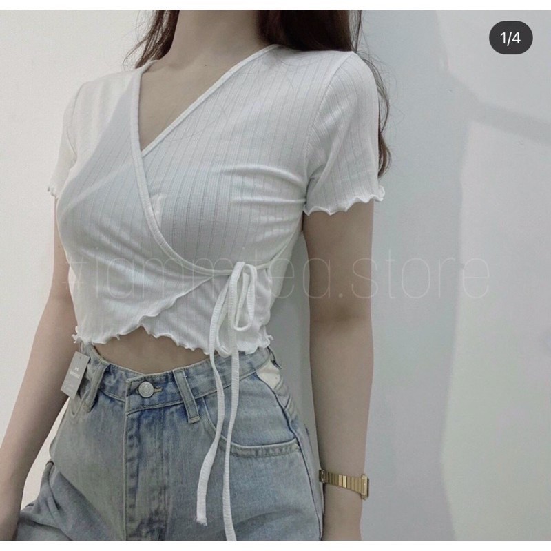 áo kiểu đắp chéo cột dây viền xoắn thun gân dáng crop top xinh xinh
