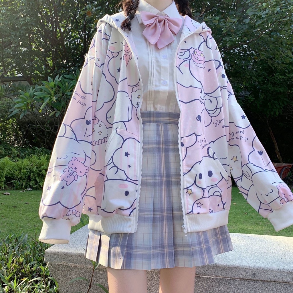 SANRIO Áo Khoác Cardigan Dáng Rộng Có Khóa Kéo In Họa Tiết Hoạt Hình Cinnamoroll Đáng Yêu Cho Nữ Sinh