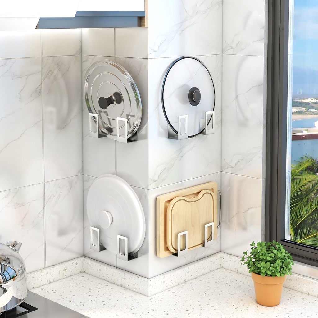 Giá Cài Thớt. Cài Vung Nồi Dán Tường Inox 304 Không Cần Khoan Đục, Tặng Keo Dán Tường Siêu Dính Siêu Chịu Tải MKS018KS