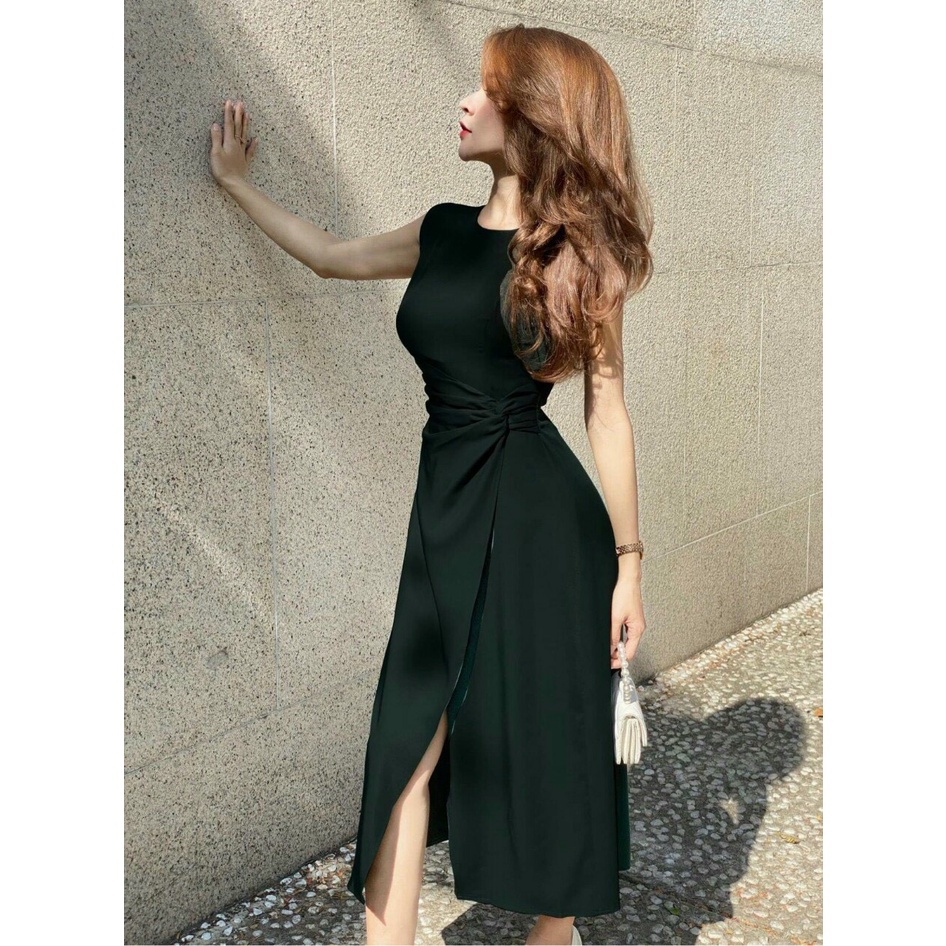 ĐẦM LỤA XẺ TÀ THẮT EO, VÁY HỒNG ĐEN MIDI – GD226