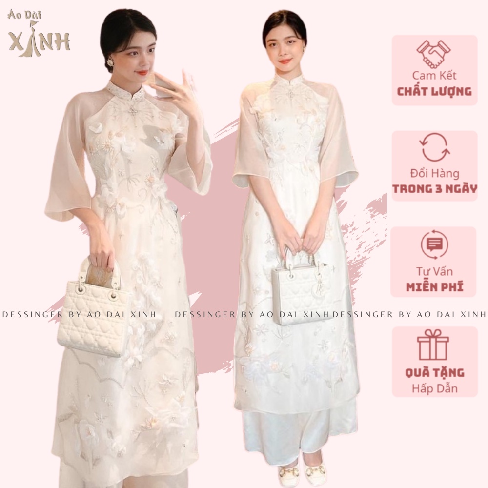 Áo dài cách tân, thiết kế Mita ,áo dài thêu hoa nổi đính kết vải voon màu trắng siêu sang chảnh