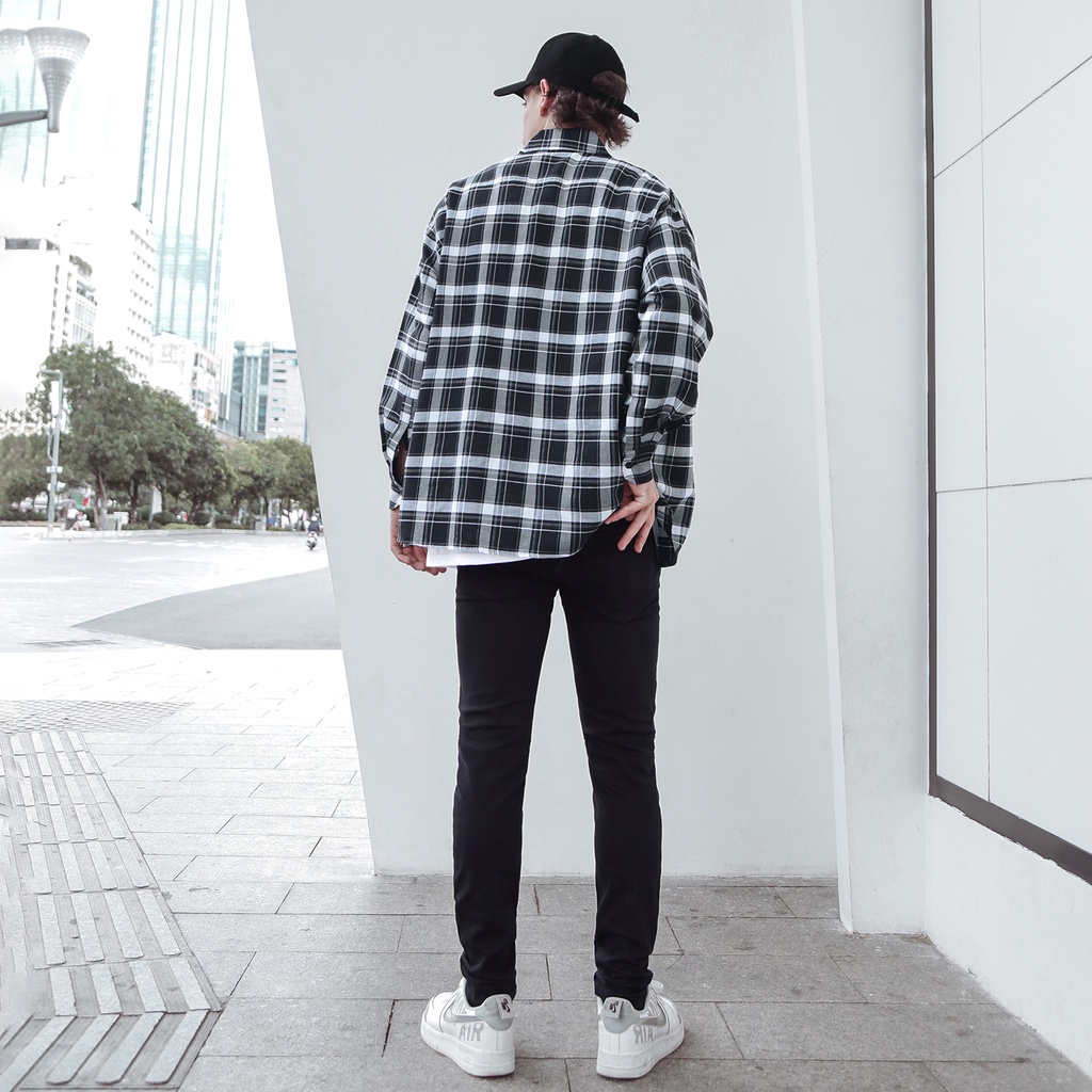 Áo Sơ Mi Flannel Màu Tím Sọc Đen Trắng Form Rộng Thoải Mái Chất Liệu Cotton Thoáng Mát Phong Cách Đường Phố