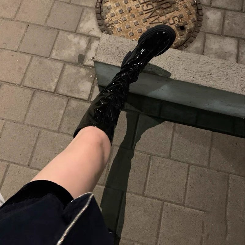 Giày boot đế dày 5cm cổ cao da Pu mỏng nhẹ cá tính năng động