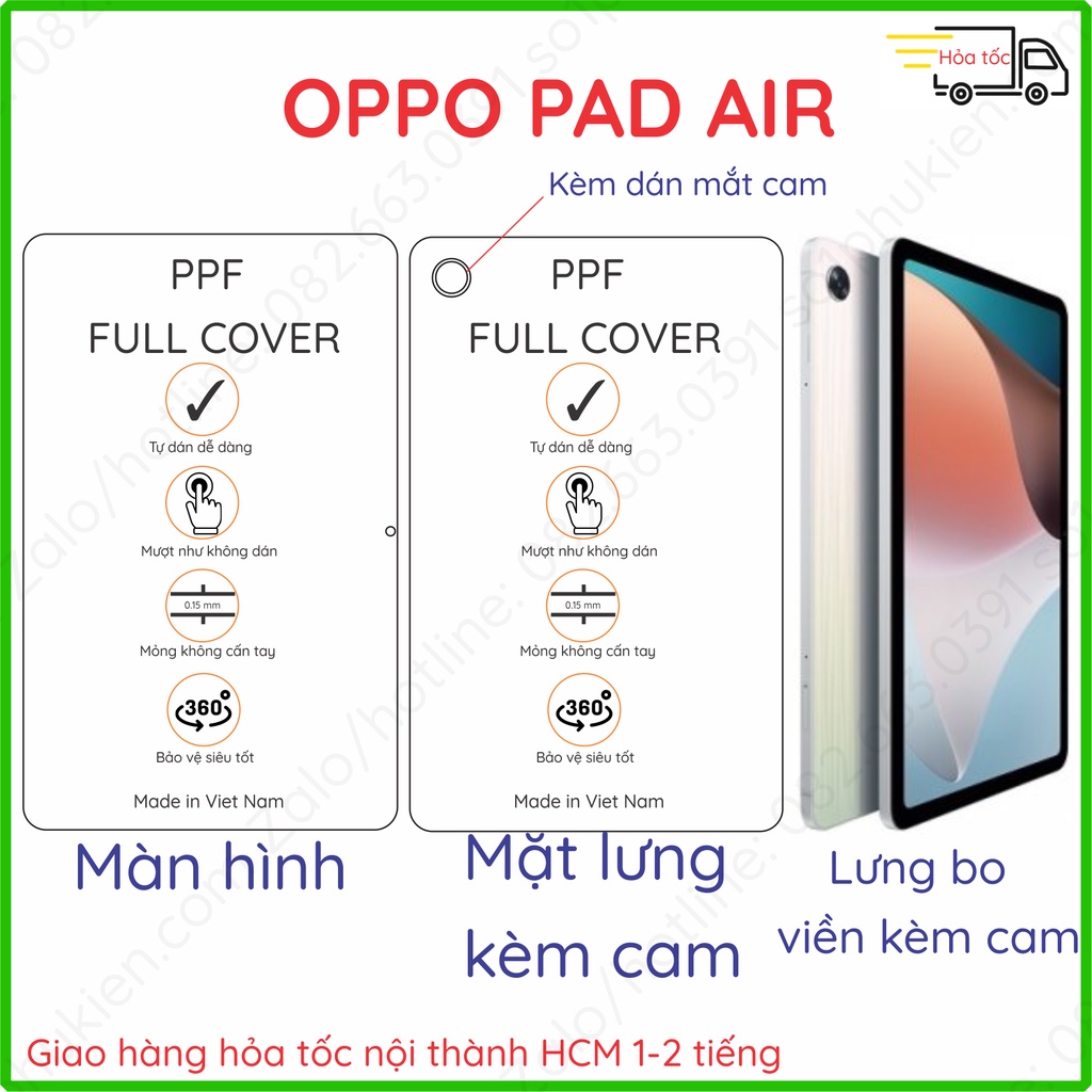 Dán PPF Oppo Pad Air loại trong, nhám dành cho màn hình, mặt lưng, full viền chống trầy xước