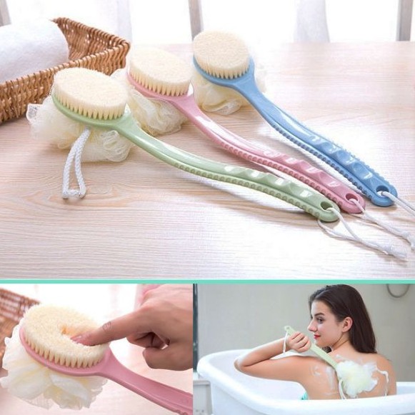 Bông tắm 2 đầu có cán cầm kèm bàn chải tắm rửa kì cọ cực thích
