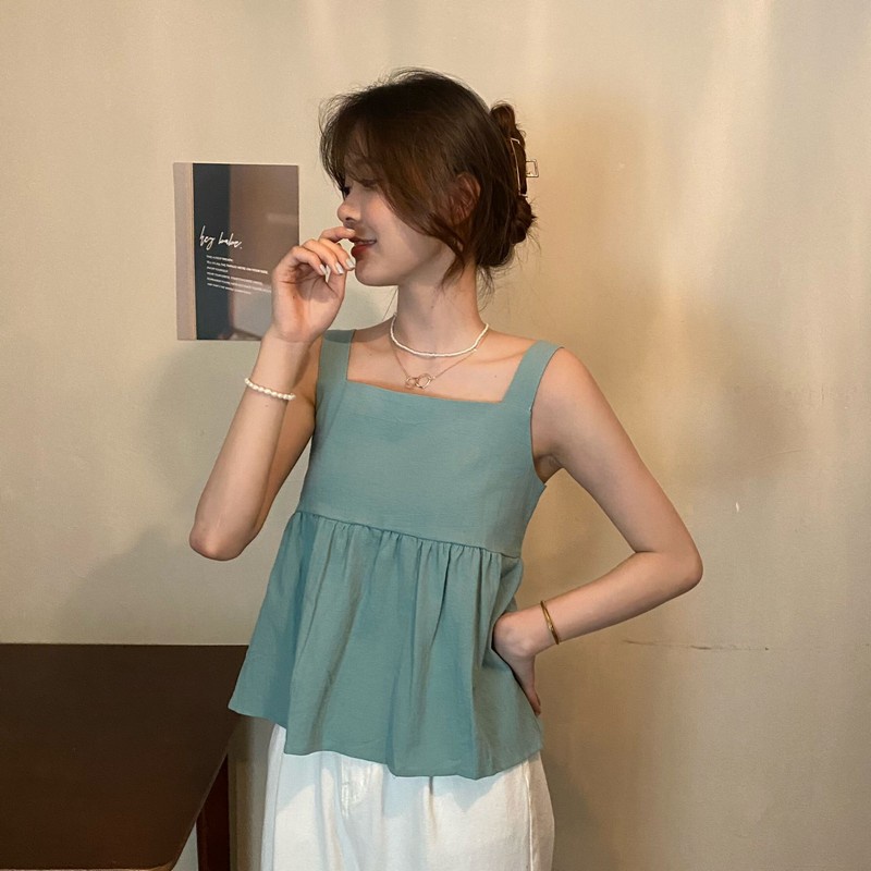 Áo Tank Top Sát Nách Cổ Vuông Dáng Rộng Màu Trơn Phối Dây Buộc Sau Lưng Kiểu Hàn Quốc Thời