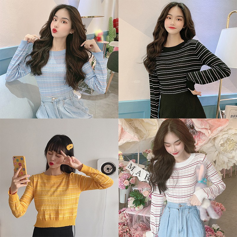 Áo thun sweater Hàn Quốc dài tay sọc trắng đen dành cho nữ
