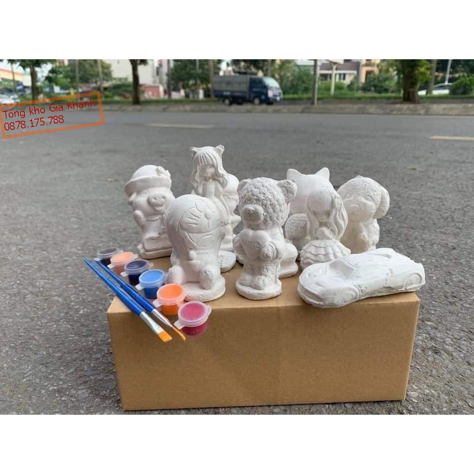 Bộ Tô Tượng Cho Bé, Tượng Thạch Cao gốm sứ Bát Tràng combo 10 mẫu (7-9cm) tặng bộ màu, vỉ, cọ cho bé khám phá