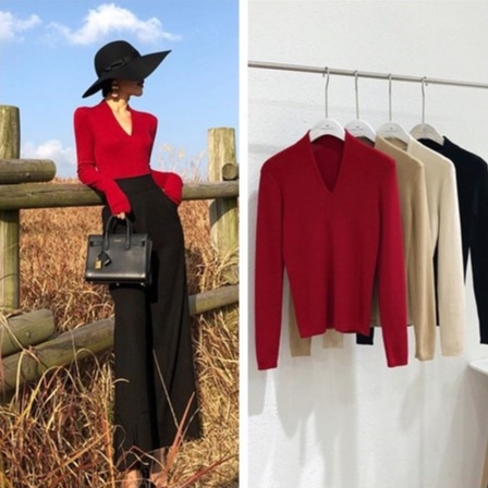 Áo sweater ZHELIHANGFEI dệt kim tay dài cổ chữ V phong cách phương Tây