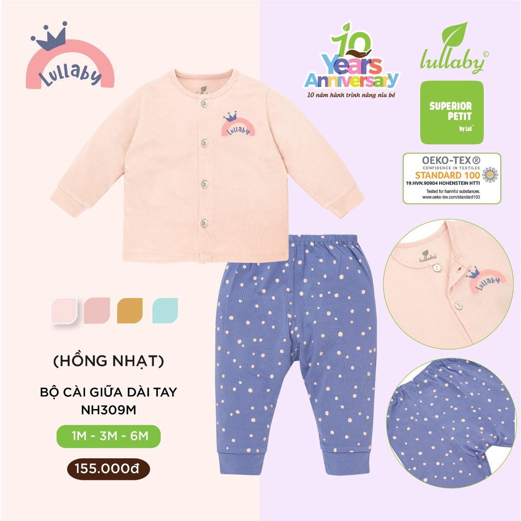 Bộ dài tay cài giữa petit Lullaby in họa tiết nhí cao cấp mềm mịn thoáng mát cho bé trai bé gái sơ sinh NH103B NH309M