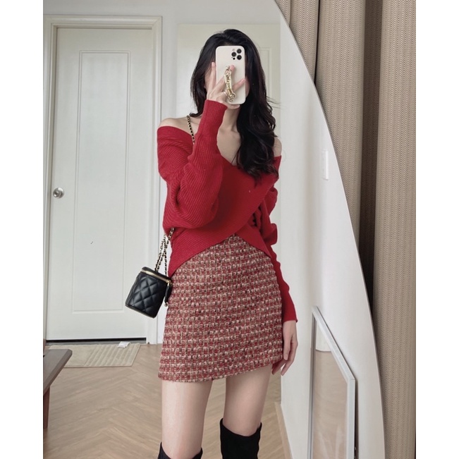 (ảnh thật) Audrey Chân váy dạ tweed đỏ 991 | BigBuy360 - bigbuy360.vn