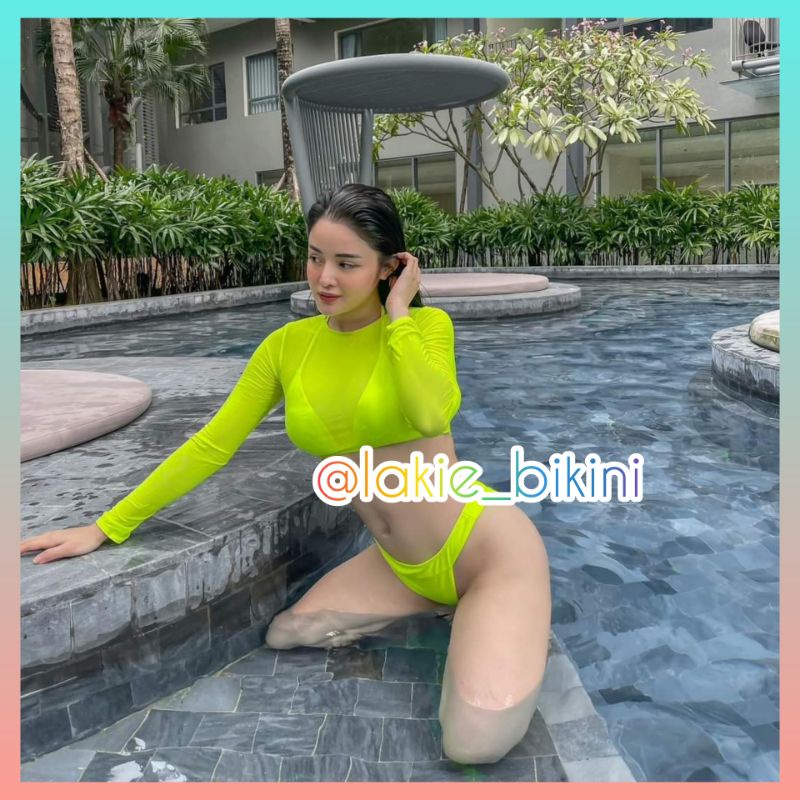 Bikini 2 Mảnh Tam Giác Kèm Áo Lưới Dài Cover Dạ Quang