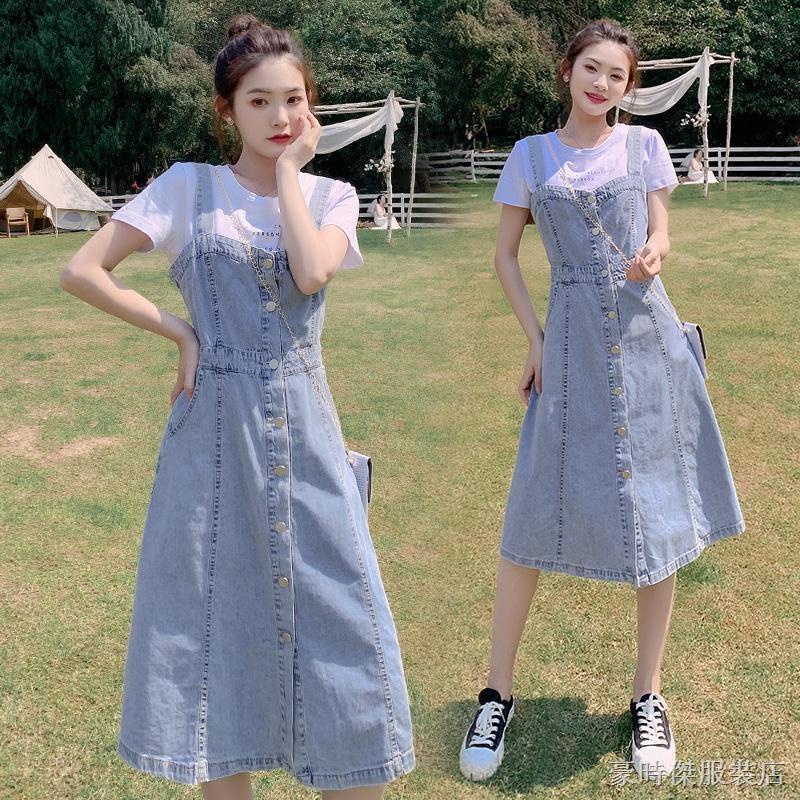 Đầm Yếm Denim Dài Qua Gối Thời Trang Phong Cách Hàn Quốc Dành Cho Nữ
