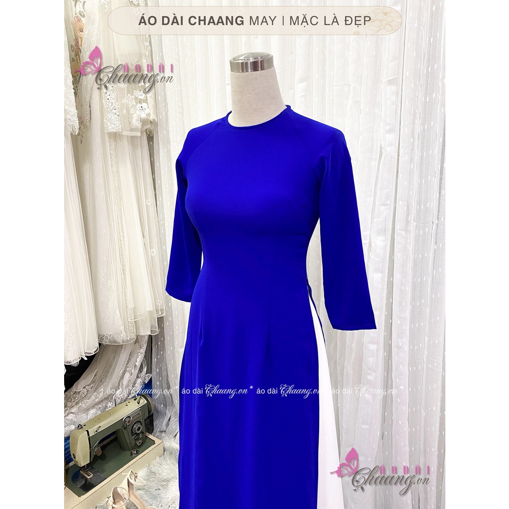 Áo dài xanh cổ tròn CHAANG May sẵn áo dài truyền thống, vải lụa xanh coban tay lỡ