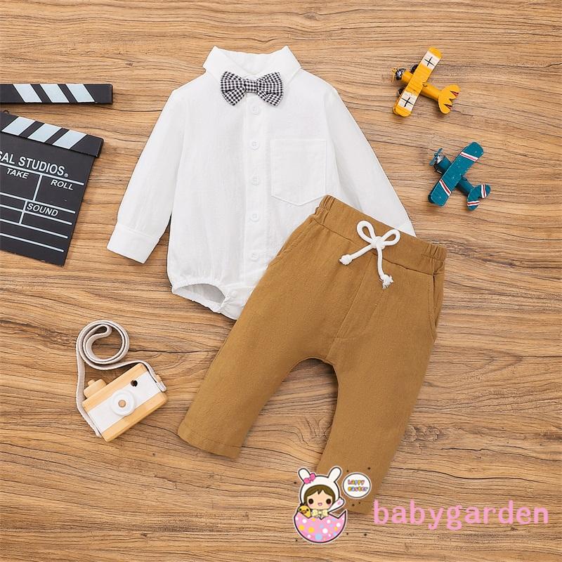 Set Đồ 2 Món Gồm Áo Sơ Mi Tay Dài Cổ Bẻ Màu Trơn Thắt Nơ + Quần Dài Lưng Thun Cho Bé Trai 0-24 Tháng Tuổi