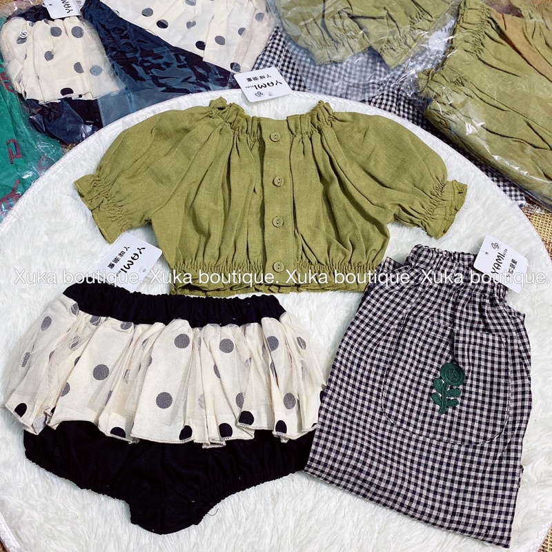 Quần Áo Bé Gái Mùa Hè Set Áo Trễ Vai + Quần Sóoc + Quần Kẻ QC Cao Cấp Nhà YAMI kids Mẫu Mới 2022 [ Ảnh Thật]