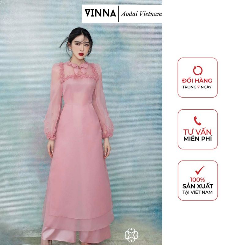 Áo dài cách tân 4 tà organza Hoa Điệp tay lỡ kết đính tỉ mỉ tiểu thư thiết kế thương hiệu thời trang Vinna