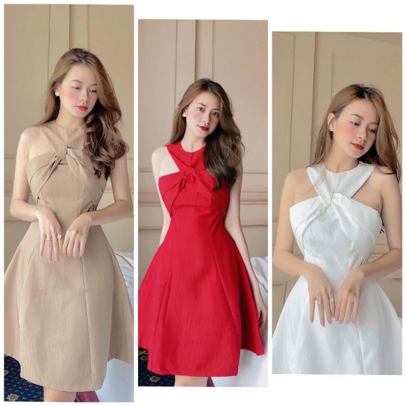 Đầmdáng xòe nữ xoắn ngực cổ yếm sang trọng dự tiệc Emilyshop