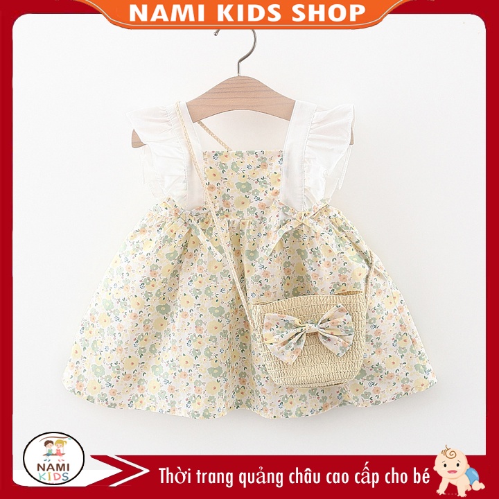 Đầm hoa nhí cánh tiên kèm túi cói dễ thương cho bé gái