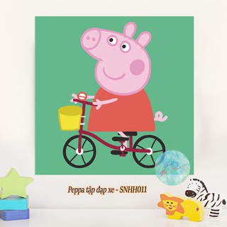 Tranh sơn dầu số hóa có khung tự tô màu theo số PEPPA TẬP ĐẠP XE SNHH011 ( Tranh tô màu tự vẽ con heo peppa góc sắc màu)