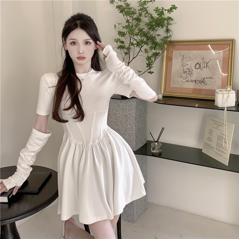 Đầm Chữ A Tay Dài Cổ Tròn Ôm Eo Co Giãn Phong Cách Mùa Thu Pháp Mới Cho Nữ