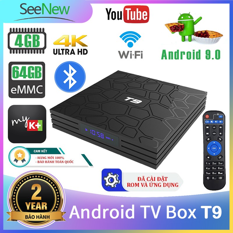 SeeNew TV Box T9 RK3328 RAM 4GB ROM 64G Android 9.0 Tivi Box Hỗ trợ 4K Tìm kiếm bằng giọng nói Bluetooth，optical，Mk+