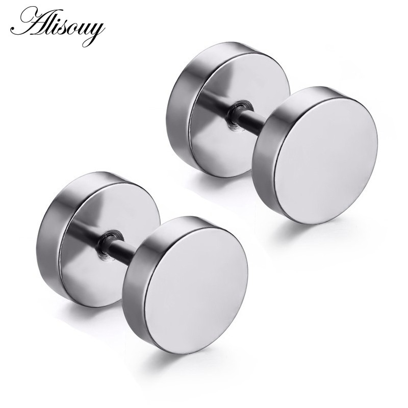 Set 2 Khuyên Tai Tròn Đen Bằng Thép Không Gỉ 6-12mm Cá Tính Cho Nam