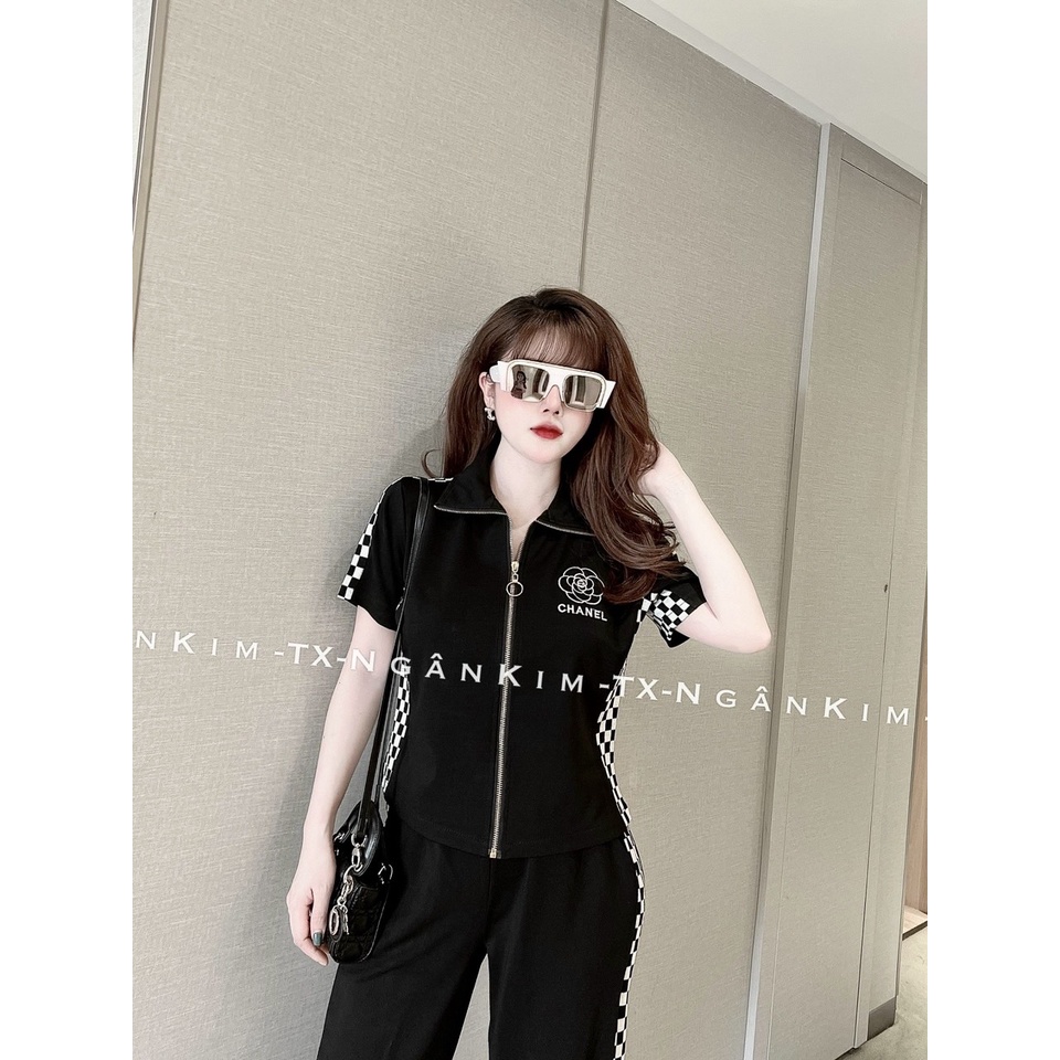 Set bộ thêu hoa kẻ ô quần ống suông cổ sơ mi LT210