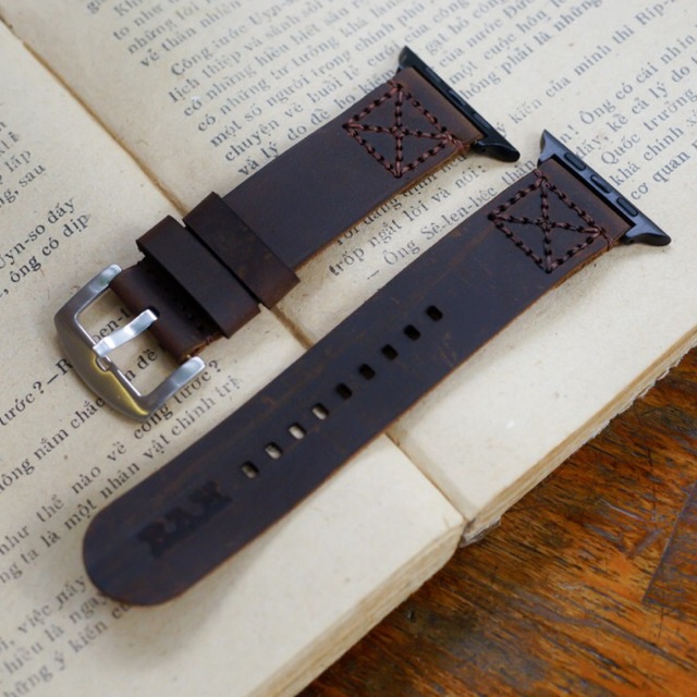 Dây apple watch da sáp ngựa điên nâu đất RAM Leather simple x1 handmade bền chắc cực đẹp- tặng khóa chốt và adapter