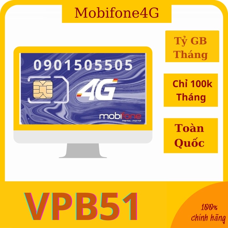 VP51, VPB51 Sim 4g mobifone max băng thông. Sim vào mạng miễn phí 1 năm.