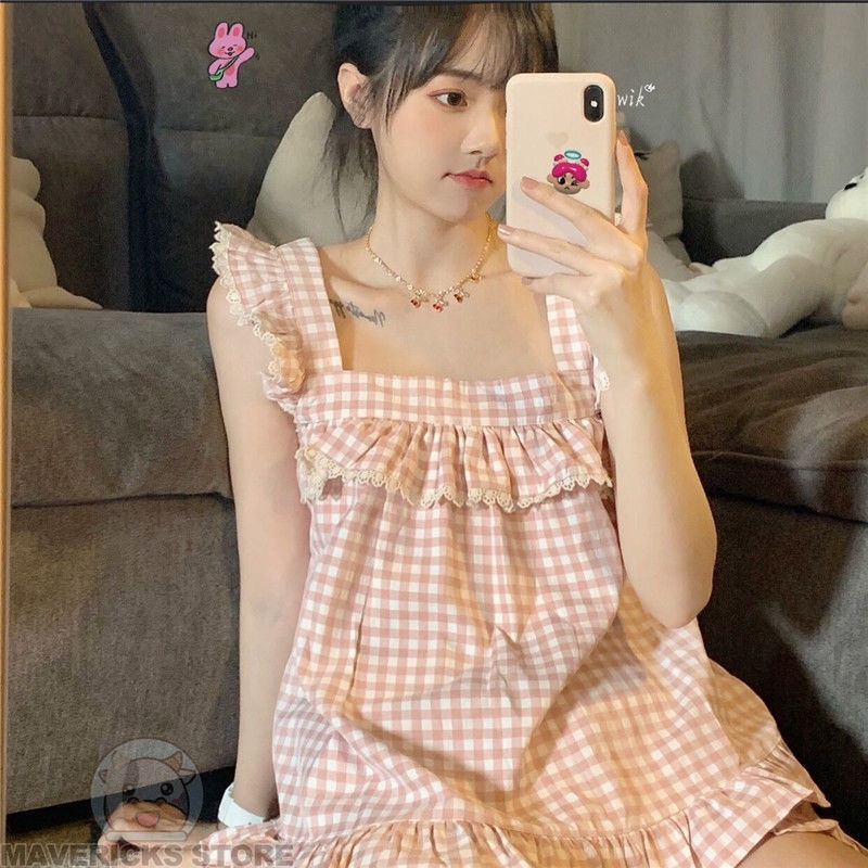 Bộ Đồ Ngủ Áo Hai Dây Và Quần Short Họa Tiết Caro Dễ Thương Phong Cách Hàn Quốc Cho Nữ